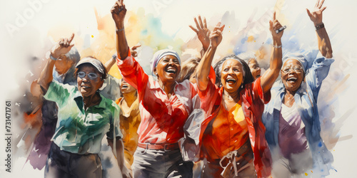 Watercolour illustration group of women with arms raised upwards symbolising women empowerment on International Women's Day. Concept for the Day for the Elimination of Violence against Women.