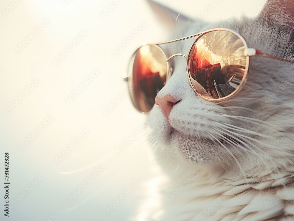 Stylish cat posing in sunglasses. Close portrait of furry kitty in fashion style. Illustration for cover, card, postcard, interior design, banner, poster, brochure or presentation.