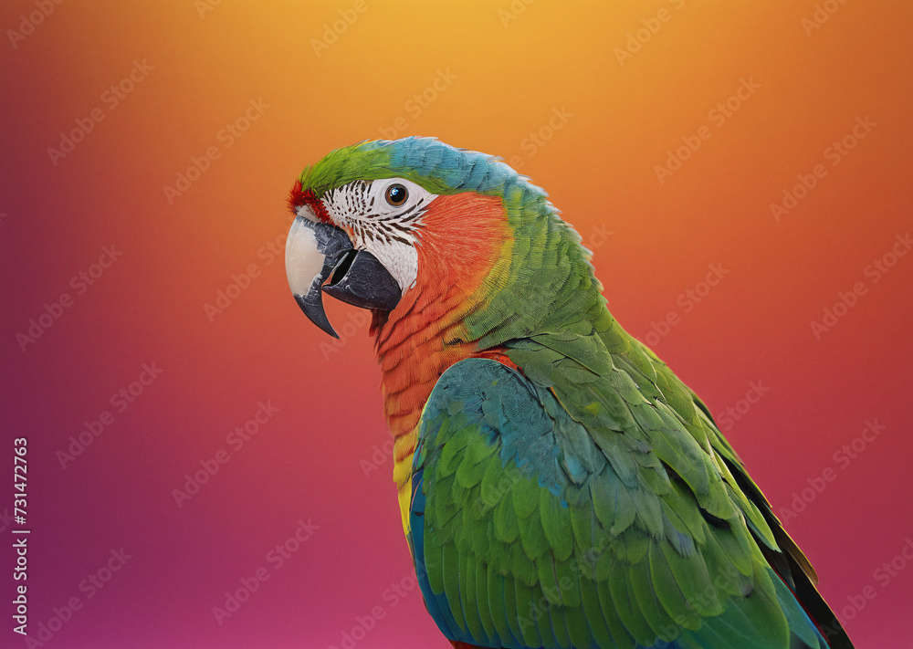 Colorful parrot macaw with blue, green, and yellow feathers, standing on a pastel background
