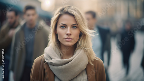  blonde woman is striding forward confidently as she navigates a crowded urban street filled with people