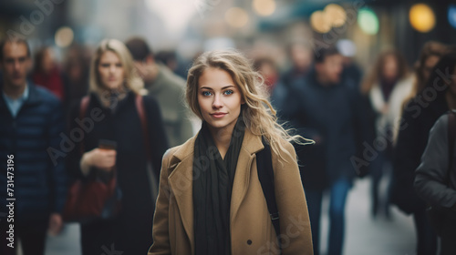  blonde woman is striding forward confidently as she navigates a crowded urban street filled with people