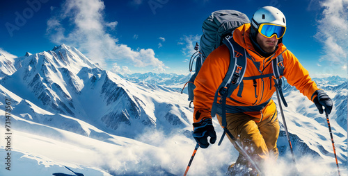 A man in an orange jacket and goggles is skiing down a snowy mountain. photo