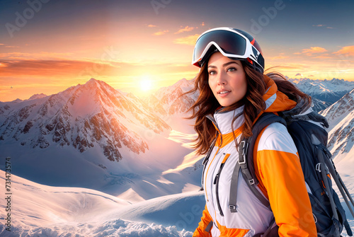 A woman in ski gear stands in front of snow-covered mountains during sunset.
