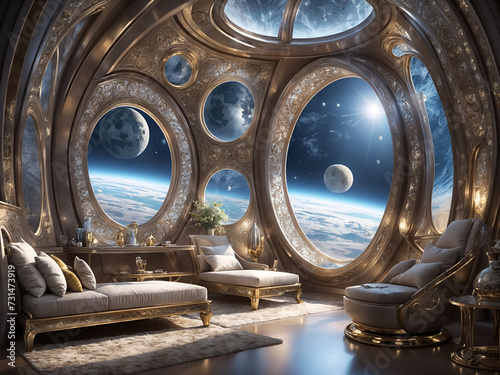  a luxurious space lounge with a large round window offering a panoramic view of the Earth and the moon. The room is furnished with sofas and chairs, and there are several vases and a clock