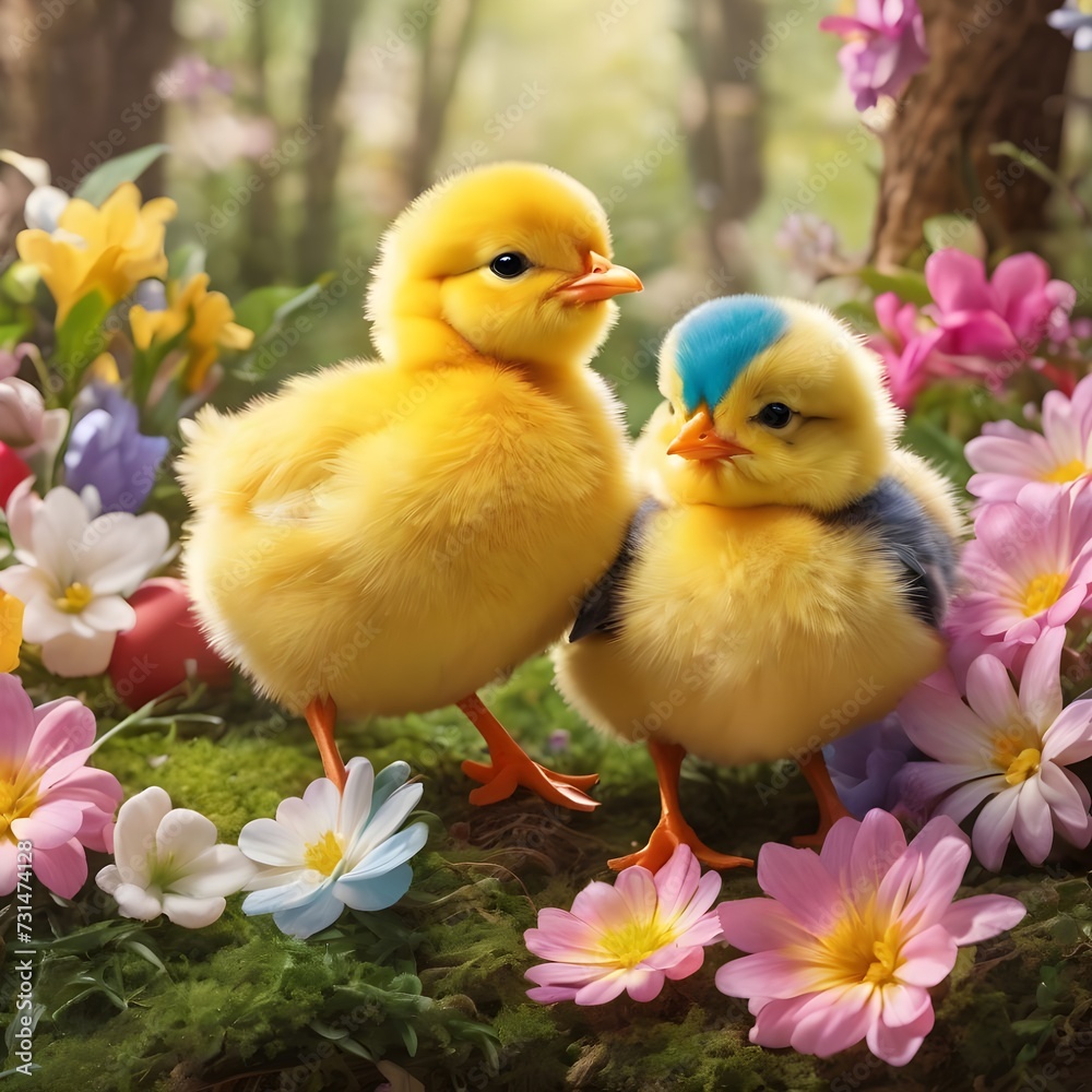 Easter background with chicks, Easter eggs and flower-covered tree branches