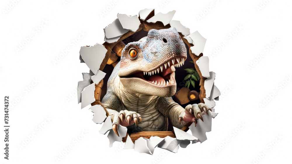 An impressive rear illustration of a tyrannosaurus bursting out of a sheet of paper An impressive rear illustration of a tyrannosaurus bursting out of a sheet of paper