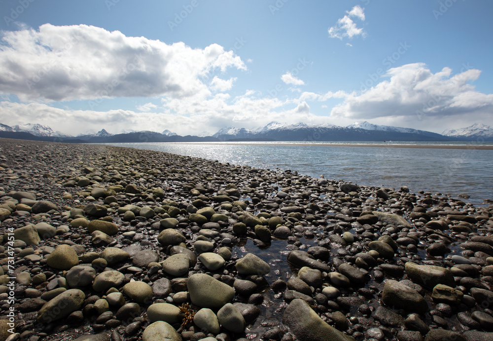 Rocky beach at low tide on Homer Spit at Homer Alaska United States Rocky beach at low tide on Homer Spit at Homer Alaska United States