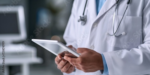 Man, doctor and tablet for hospital, healthcare or clinic research, online planning and schedule management. Medical professional or surgeon typing on digital technology for surgery results or data