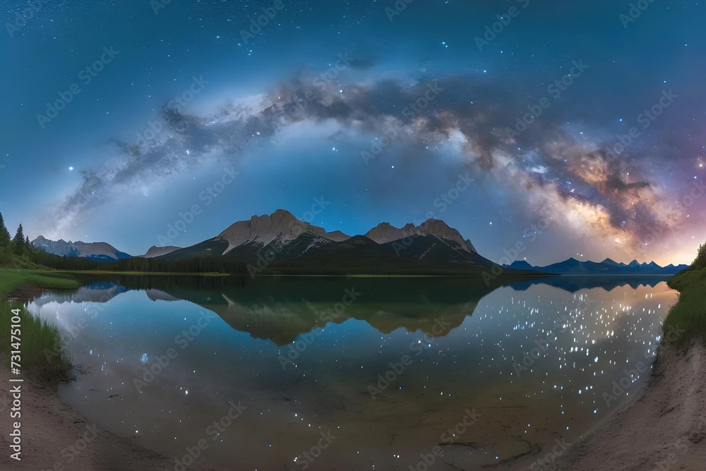 Immerse yourself in this ultra-high definition stock photo capturing the Milky Way arching over a tranquil mountain lake, with a perfect reflection.