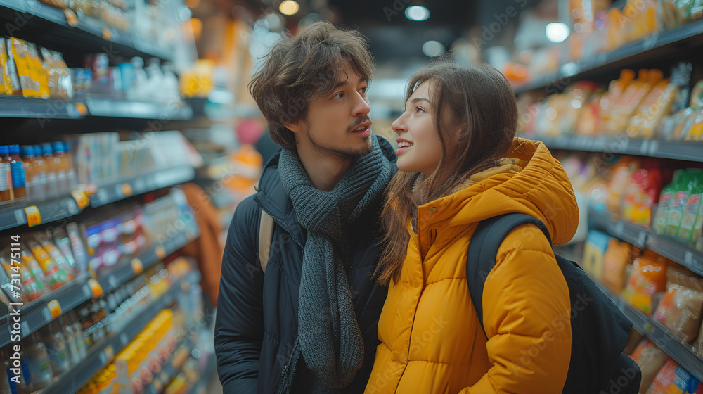 Couple grocery shopping - talking about prices - supermarket - food shopping Couple grocery shopping - talking about prices - supermarket - food shopping