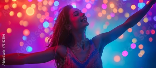 A purple-attired woman is joyfully dancing under a vibrant disco ball, surrounded by magenta lights, at a lively party filled with music, entertainment, and fun.