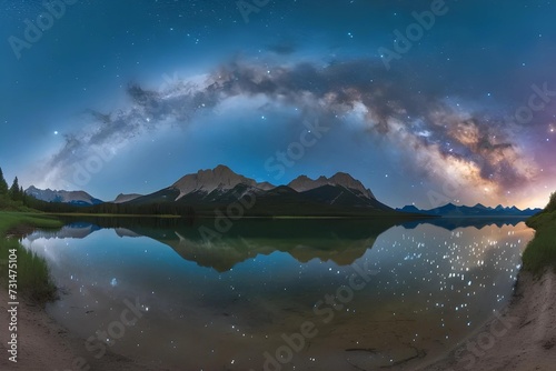 Immerse yourself in this ultra-high definition stock photo capturing the Milky Way arching over a tranquil mountain lake, with a perfect reflection.