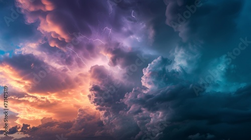 Panorama Dark cloud at evening sky with thunder bolt. Heavy storm bringing thunder, lightnings and rain in summer. thunderbolt background.