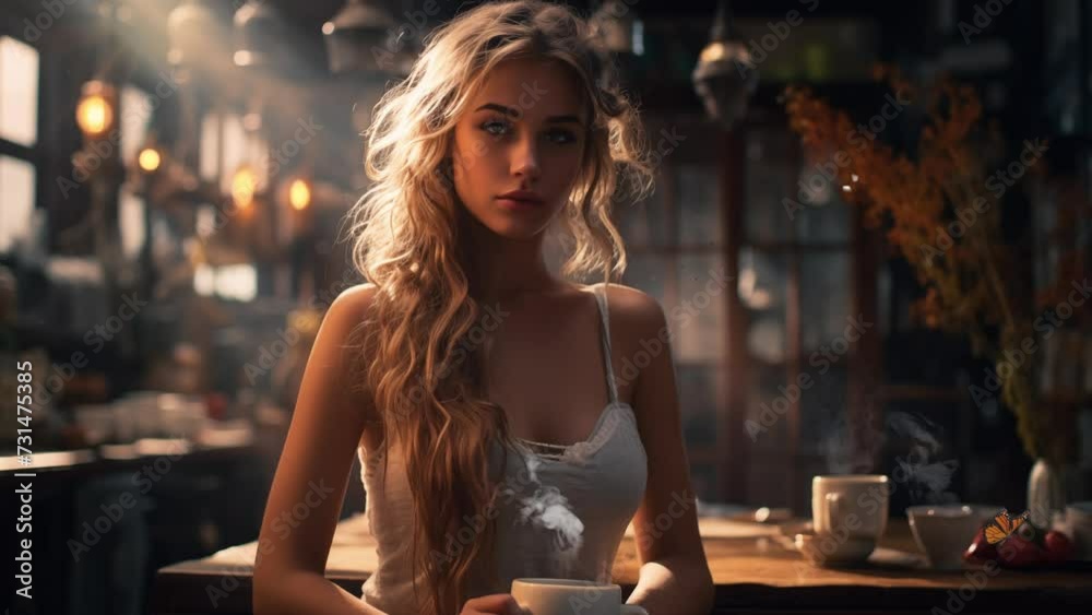 beautiful woman having morning coffee seamless looping overlay 4k virtual video animation background 