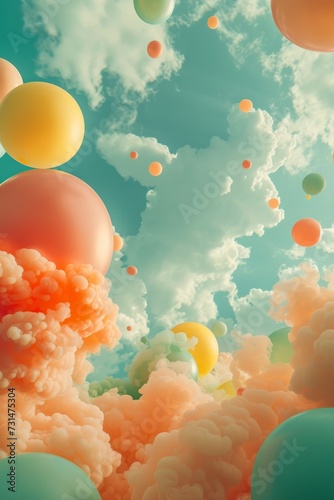 Dreams, feelings, happiness, desires and wishes theme. Colourful dreamy clouds and balloons in summer sky. Fr poster, web, as layout. 
