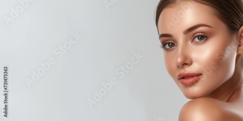 Portrait, beauty and woman with skincare, cosmetics and dermatology on a white studio background. Face, person and model with soft skin and mockup space with shine and glow with wellness or aesthetic 