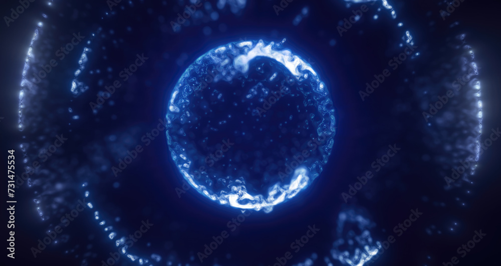 Blue energy magic circle, sphere, ball made of futuristic waves and lines of particles of atomic energy and electricity force field. Abstract background