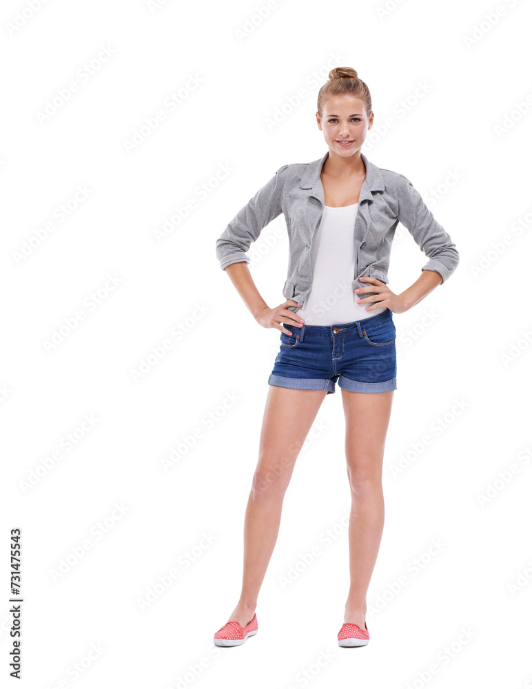 Casual, fashion or portrait of girl teenager in studio isolated on white background with pose. Pride, happy woman or confident female person with smile, modern style or trendy clothes by mockup space Casual, fashion or portrait of girl teenager in studio isolated on white background with pose. Pride, happy woman or confident female person with smile, modern style or trendy clothes by mockup space