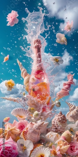 A bottle of Champagne exploding in air. Romantic holiday illustration with bubbles, flowers and seashells. photo