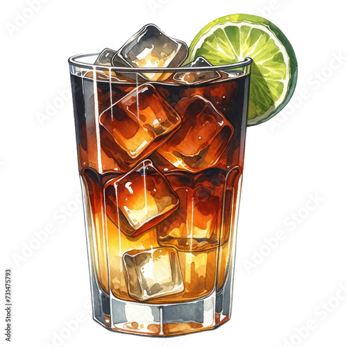 Dark 'n' Stormy Cocktail Watercolor Illustration with Lime Slice Garnish, Elegant Glassware Design PNG, Isolated on Transparent Background for Sophisticated Drink Menus and Bar Decor