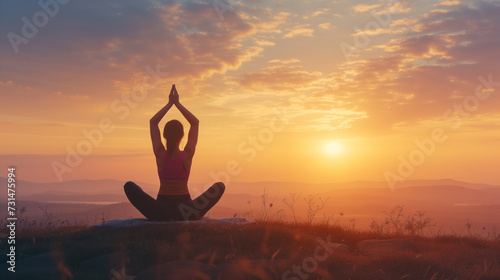 Silhouette of a peaceful person practicing yoga during a serene sunset in a tranquil outdoor setting © Benixs