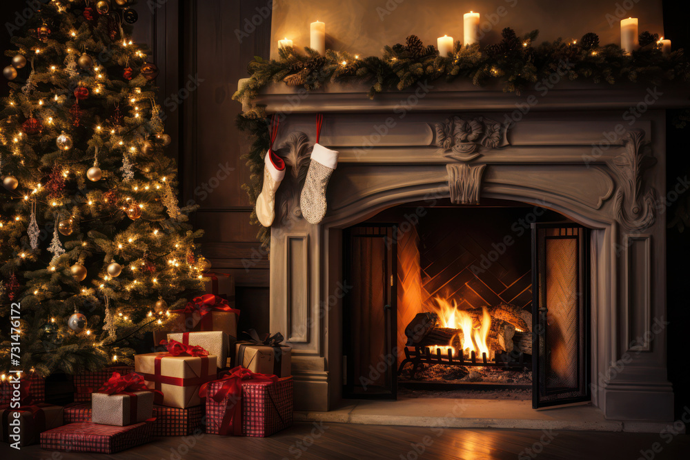 Glowing Fireplace in a Festive Living Room, Illuminated Christmas Tree and Red Presents, Creating Warm Memories on a Bright Winter Night Glowing Fireplace in a Festive Living Room, Illuminated Christmas Tree and Red Presents, Creating Warm Memories on a Bright Winter Night