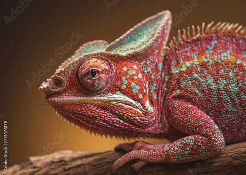 Colorful chameleon lizard sitting on a wooden log or branch. The lizard has a unique pattern with green, yellow, and orange colors, making it a striking and eye-catching subject.