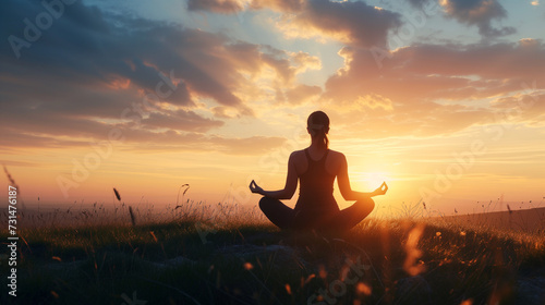Silhouette of a peaceful person practicing yoga during a serene sunset in a tranquil outdoor setting