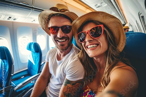 Happy tourist taking selfie inside airplane - Cheerful couple on summer vacation - Passengers boarding on plane - Holidays and transportation concept, Generative AI