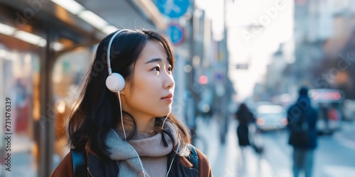 Japanese woman, earphones and walk in street with listening, music and streaming subscription in city. Business person, audio tech and sound for podcast