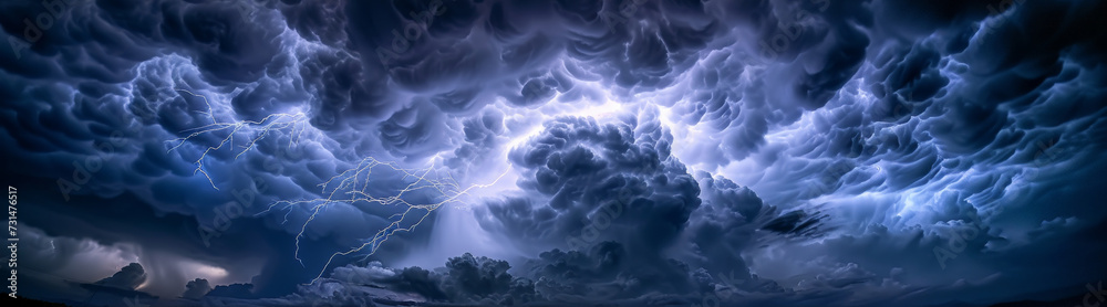 Panorama Dark cloud at night with thunder bolt. Heavy storm bringing thunder, lightnings and rain in summer. - obrazy, fototapety, plakaty 