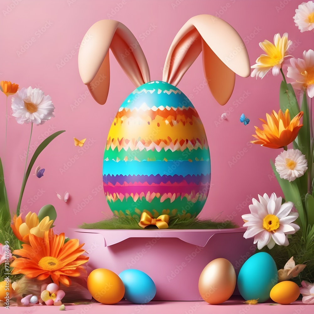 Vector Illustration of Happy Easter Holiday with Painted Egg, Rabbit Ears and Flower on Colorful Background. International Spring Celebration Design with Typography for Greeting Card
