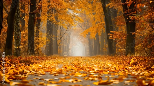 Autumn alley with beautiful golden colors and eaves 