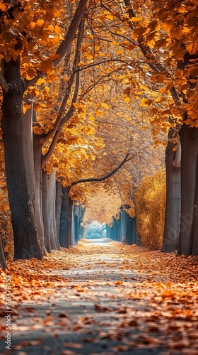 Autumn alley with beautiful golden colors and eaves 