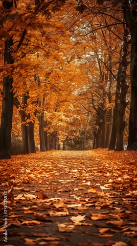 Autumn alley with beautiful golden colors and eaves 