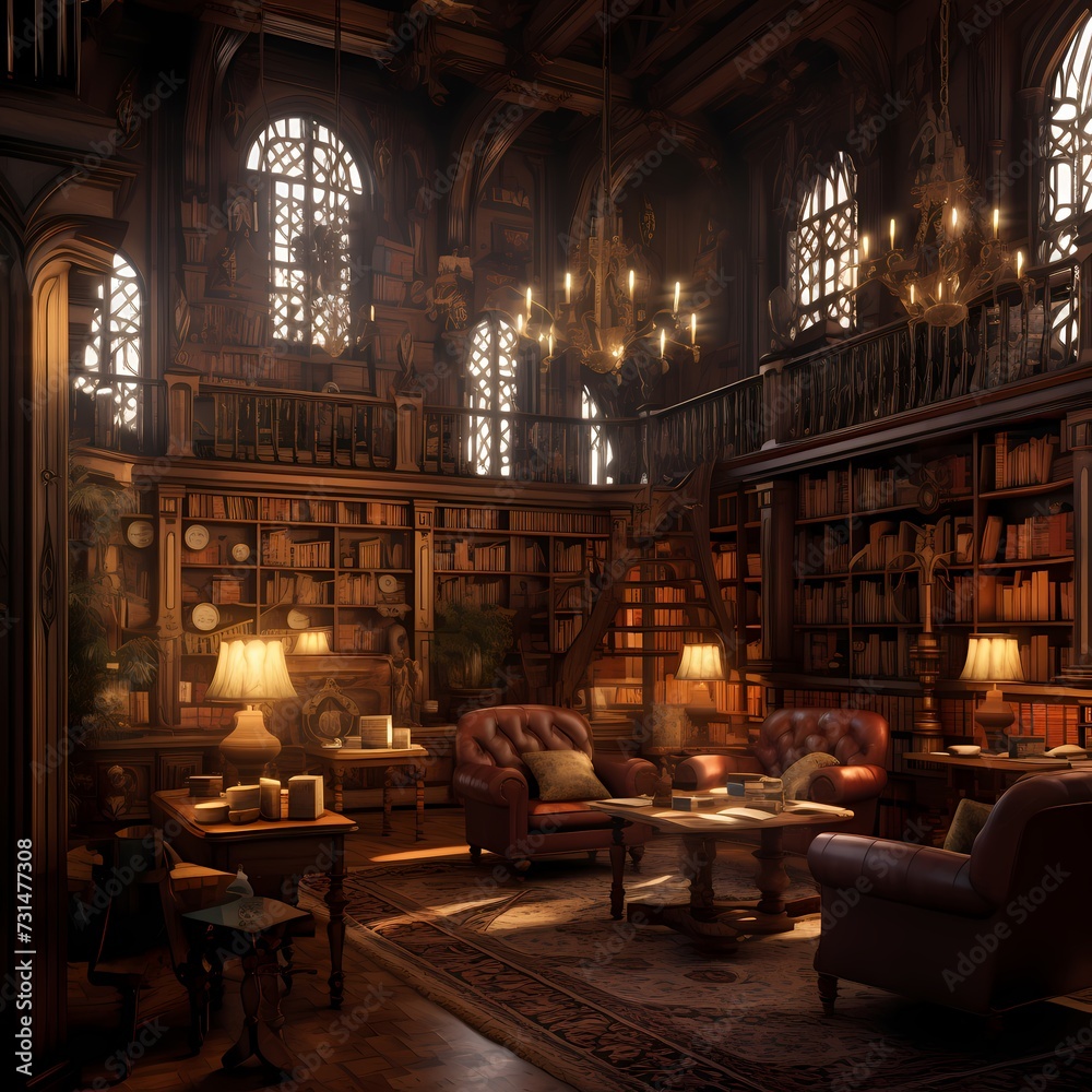 A quiet and cozy library filled with antique books, bathed in the warm glow of vintage lamps, inviting you to explore its treasures