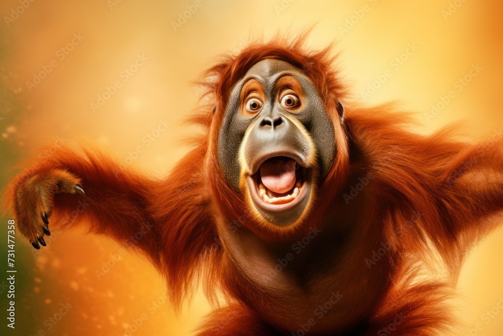 Happy orangutan jumping and having fun.