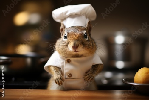 Chipmunk as a chef cook in a restaurant kitchen.