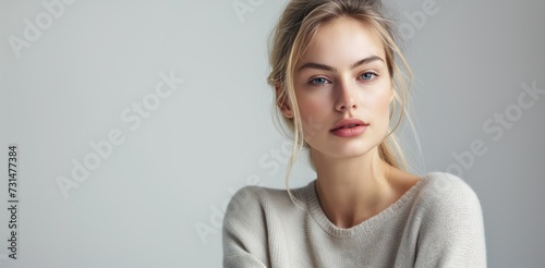 Portrait, fashion and beauty with natural woman in studio on white background for casual clothing aesthetic. Wellness, relax and style with confident young blonde model looking serious in wool jersey © StockWorld