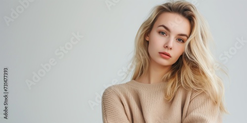 Portrait, fashion and beauty with natural woman in studio on white background for casual clothing aesthetic. Wellness, relax and style with confident young blonde model looking serious in wool jersey