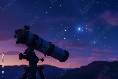 Enjoy this high-quality stock photo of a telescope pointed towards the stars on a clear night, with the galaxy faintly visible.