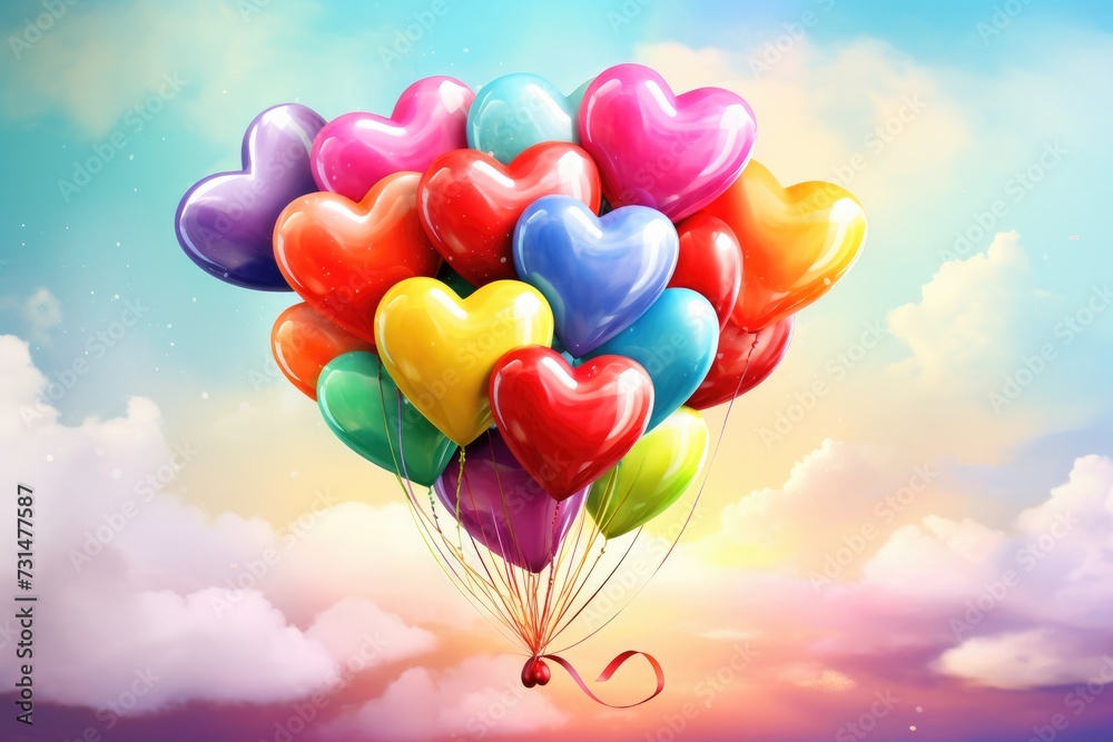 A vibrant bunch of heart shaped balloons floating joyfully in the clear blue sky, Rainbow-colored love heart balloons lifting a Valentine's Day gift, AI Generated A vibrant bunch of heart shaped balloons floating joyfully in the clear blue sky, Rainbow-colored love heart balloons lifting a Valentine's Day gift, AI Generated