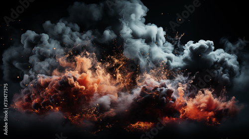 Dark Grey Explosion Smoke with Exploding Fire Dust isolated on black background. Explode effect overlay 