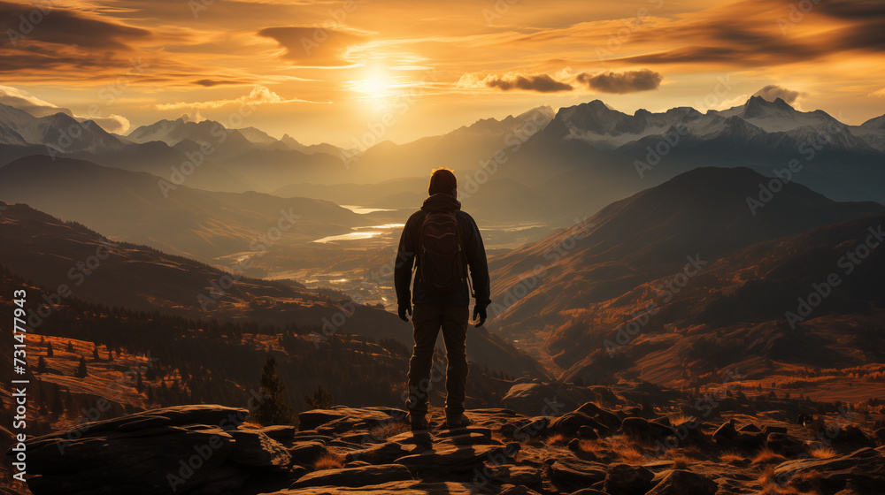 Back view of a man standing on Rock in front a beautiful sunset mountain landscape. 