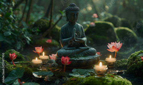 A Buddha statue decorated with simple candles and lotus flowers in a mossy forest Generative AI