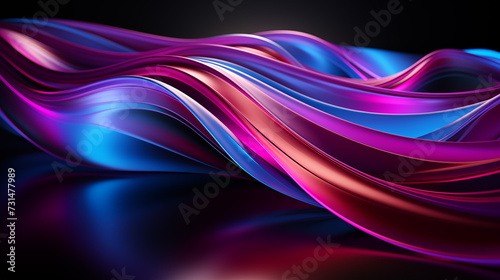 Futuristic vivid neon swirl lines abstract dynamic background. blue purple light effects flowing curves and waves abstraction with Blurred light on Floor reflection. 