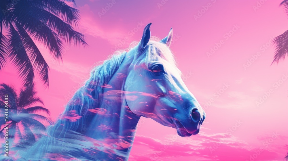 Fantasy vaporwave portrait of retrowave horse. Pink and blue colors. Fantasy vaporwave portrait of retrowave horse. Pink and blue colors.