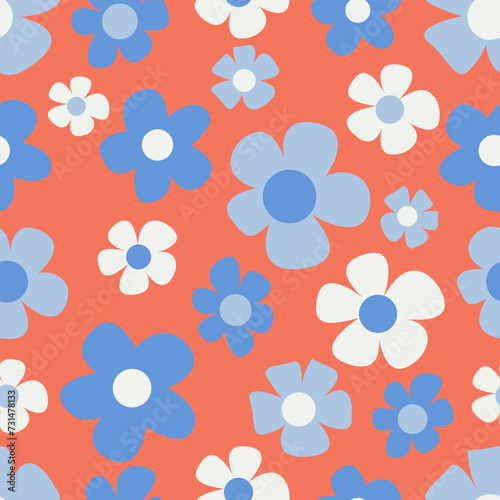 Trendy y2k seamless pattern with spring flower. Retro 70s style flower background vector illustration. Colorful pastel color groovy artwork bundle, nature backgrounds with spring plants