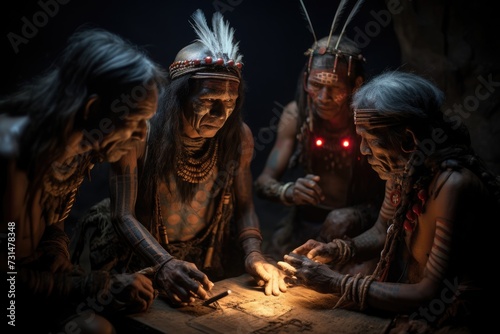 A group of Native American Indians intently examining a map to navigate their surroundings, Remote tribes communicating with unique symbols, AI Generated