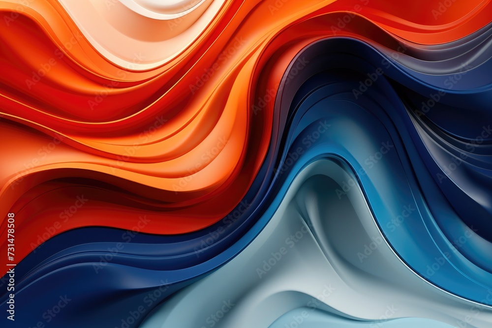 An eye-catching image featuring a multitude of vivid colors and dynamic wavy shapes creating a captivating background, Render intense shades of orange and blue blending in abstract form, AI Generated